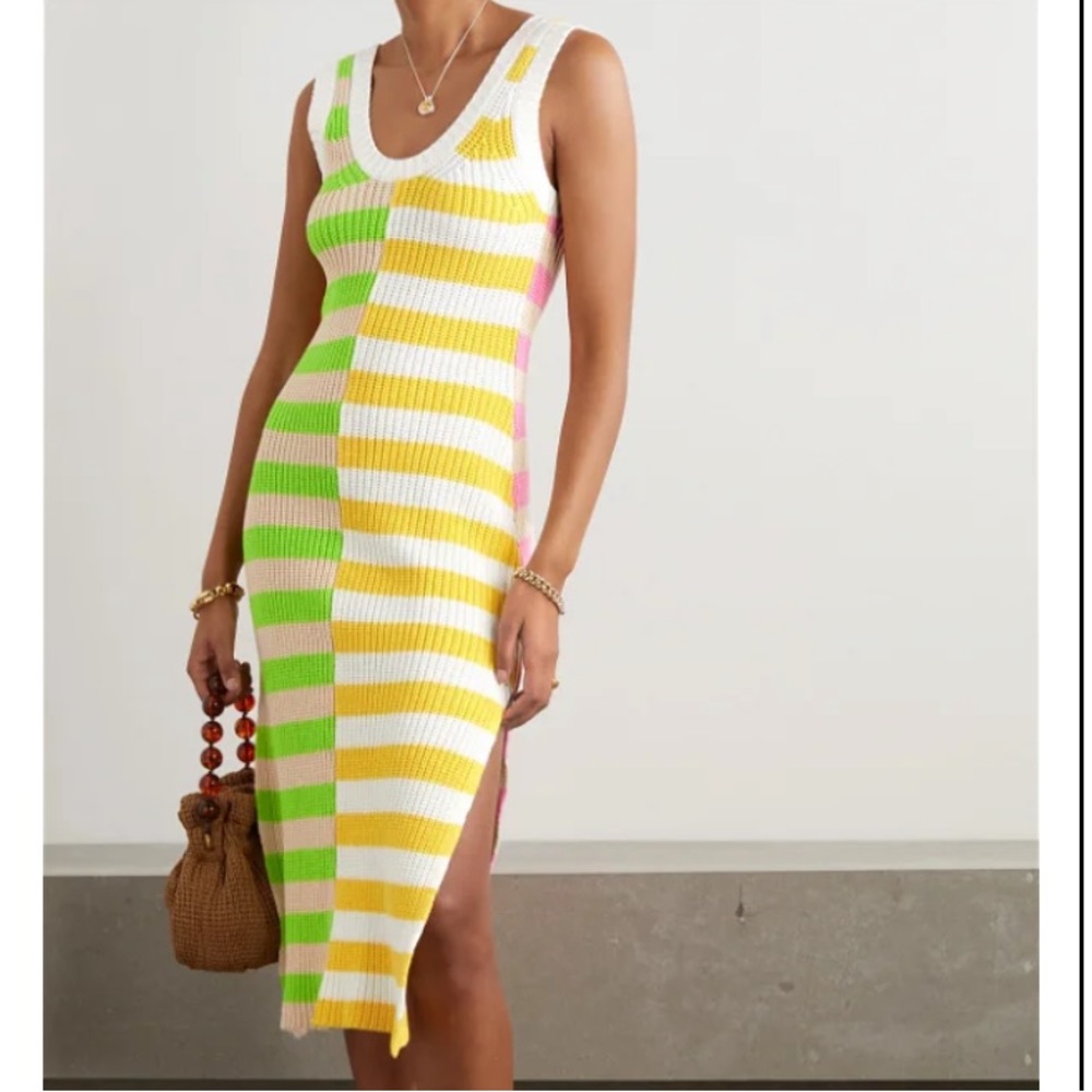 Staud Seashore Striped Ribbed Tank Cotton-Blend Midi Dress